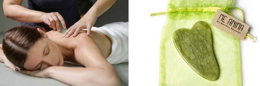 Till vänster: kvinna genomgår gua sha-behandling. Till höger: gua sha-kristall i grön jade.