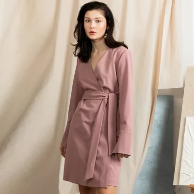 Studio Heijne | Dusty Pink Short Wrap Dress In Wool Stretch