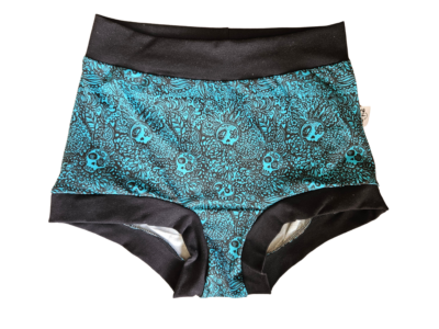 high rise womens boyshorts with teal tangle skulls print