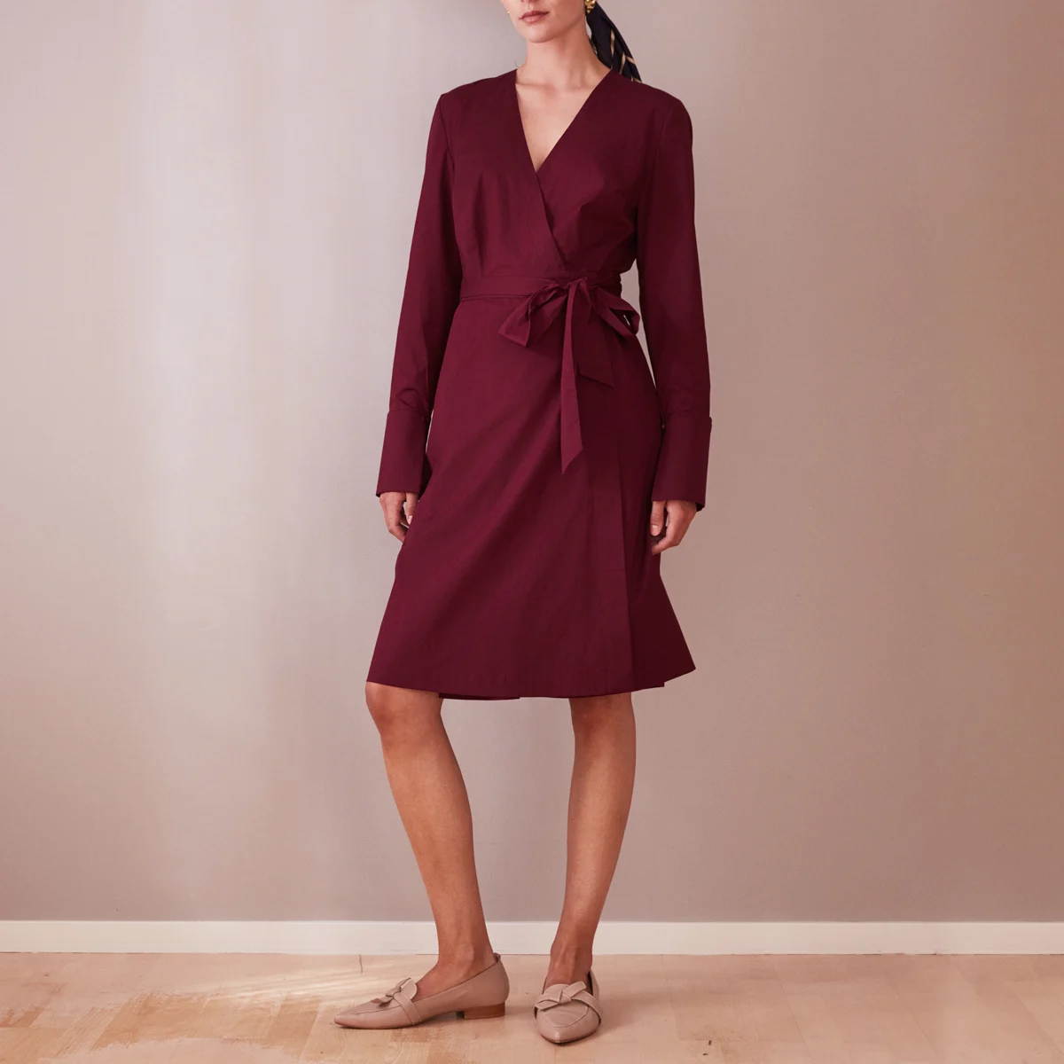 Short-winered-cotton-strtech-wrap-dress-with-long-sleeves