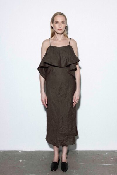 Reda Paula | JŪRA Brown Linen Ruffle Midi Dress