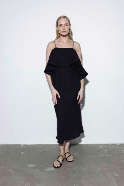 Reda Paula | JŪRA Black Linen Ruffle Midi Dress