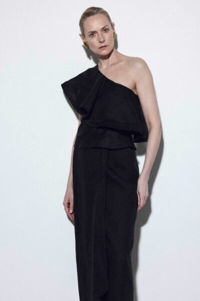 Reda Paula | Kive One-Shoulder Ruffled Summer Black Linen Top