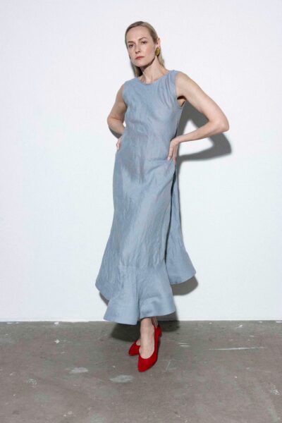 Reda Paula | Neris Long Summer Blue Linen Ruffle Dress