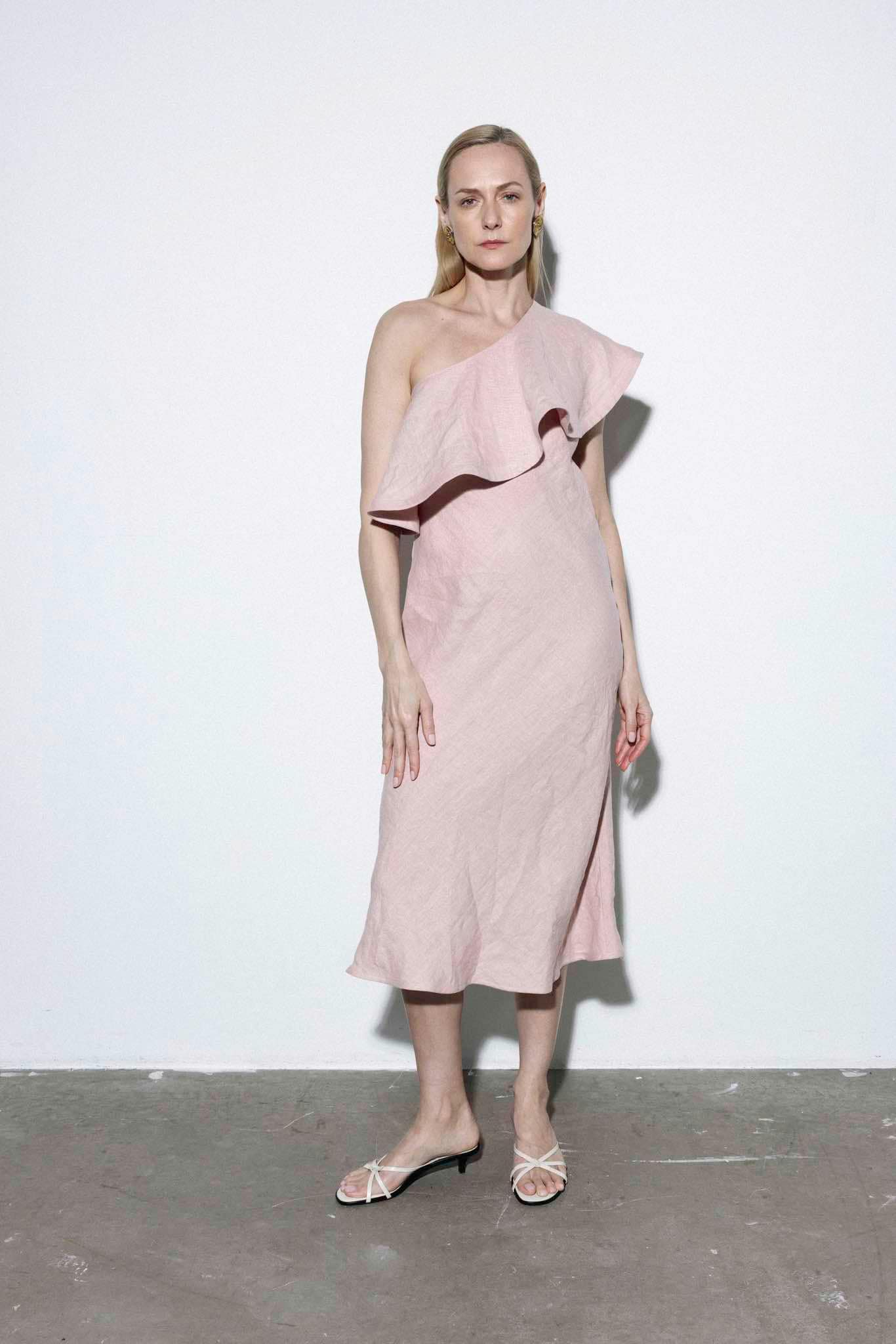 Reda Paula | Kive One-Shoulder Ruffled Summer Pink Linen Dress - Green  Little Heart