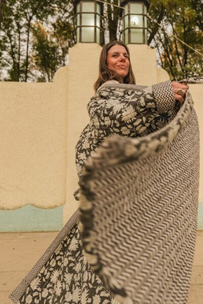 Reversible Quilted Robe – Black Floral & Zigzag
