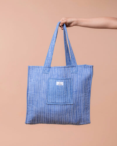 Handblock Printed Shopping Bag - Navy Picnic Checks