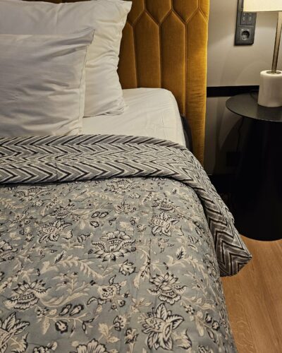 Reversible Handblock Quilt – Misty Bloom & Indigo Chevro