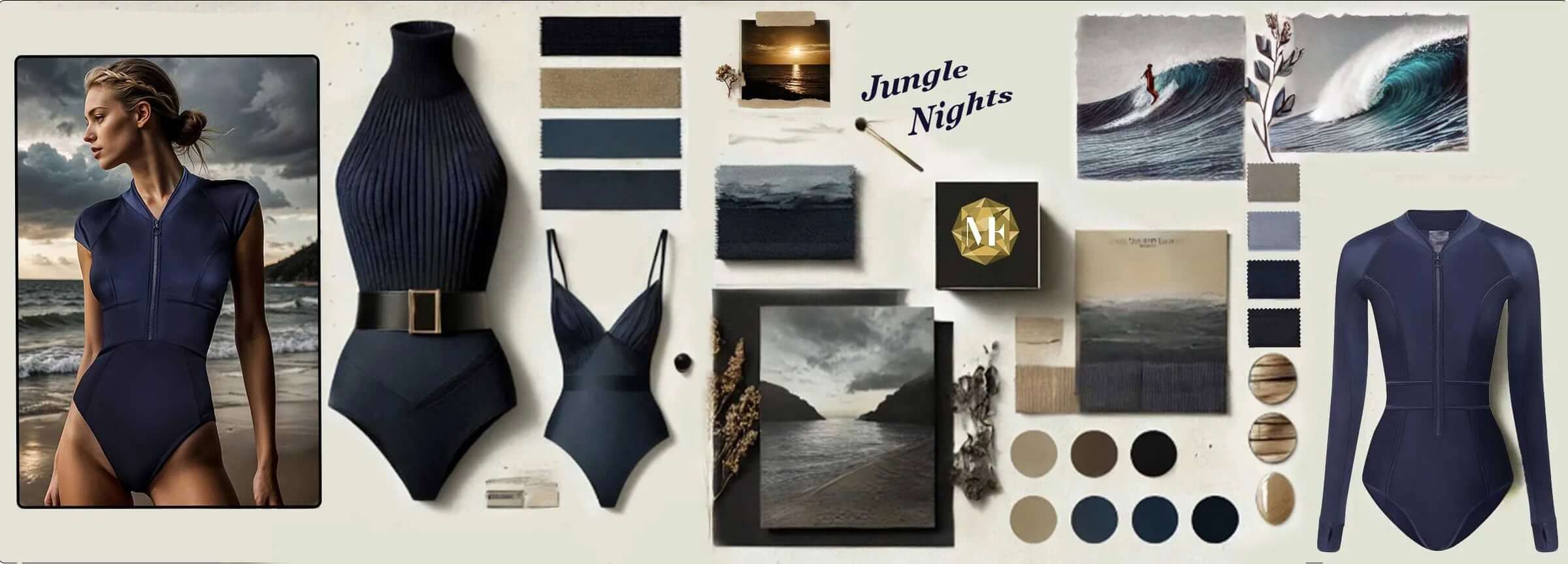 En bild på olika bikinis samt färger och en kvinna